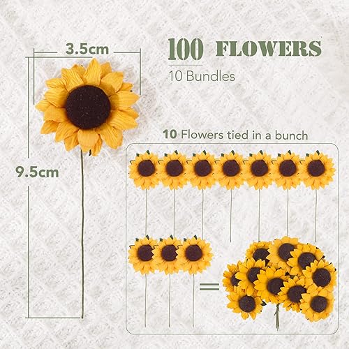 BETESSIN 100pcs Tournesol Artificielle Fausse Bouquet de Tournesol avec Tige et 5 Feuilles 90pcs Autocollants Stickers Fleurs Floral Décoration Carte pour Fête Mariage Travaux Manuels Festival Maison - Nail Gallerys
