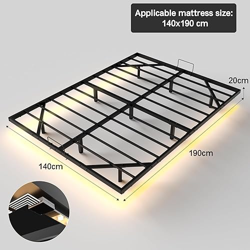 Stanew Lit 180x200 avec Sommier, 20CM Hauteur du Métal, Design Flottant avec Éclairage LED, Sommier 180x200 - Lit King Size, Cachées Jambes, Noir-sans Matelas - Nail Gallerys