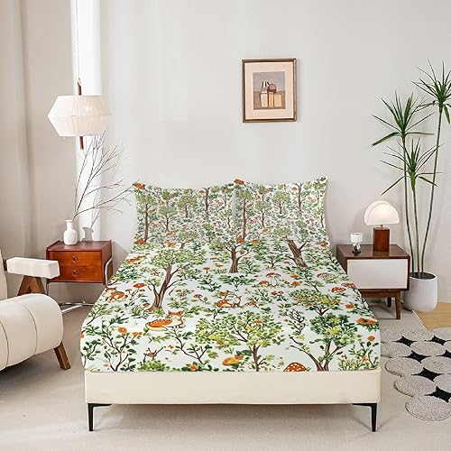Drap-Housse en Microfibre Brossée 140x190 cm avec Grand Bonnet 30cm, Imprimé Animalier avec Arbres jungleiers Drap Housse en Doux, Résistant, Anti Plis pour 2 Personnes Lit, Hypoallergénique, Vert - Nail Gallerys