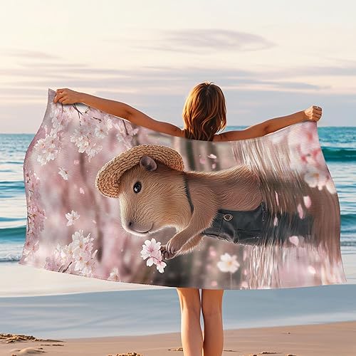 Serviette de plage Capybara mignonne en microfibre à imprimé floral pêche, séchage rapide, absorbante, douce, anti-sable, légère, pour vacances, pique-nique, piscine, 157,7 x 78,7 cm - Nail Gallerys