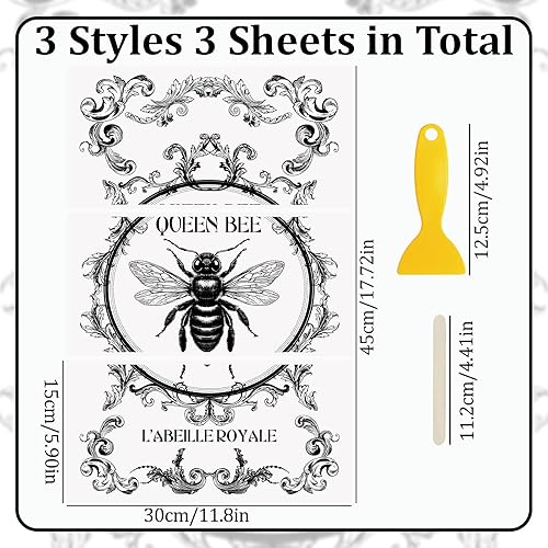 WANDIC Lot de 3 autocollants de transfert motif reine des abeilles, autocollants vintage pour commode, armoire, meubles de maison,15 x 30 cm - Nail Gallerys