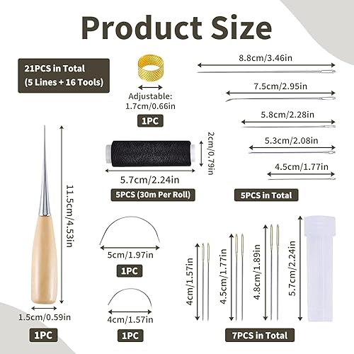 21 Pièces Kit de Couture en Cuir, Kit de Réparation pour Rembourrage Canapés, Sièges Auto et Manteaux, Aiguilles Variées, Fils Cirés, Dé à Coudre Ajustable, Outils de Réparation de DIY pour Cuir - Nail Gallerys