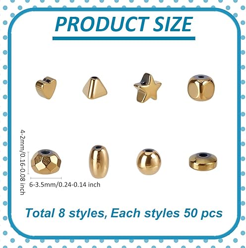 CRAFTYMELODY 400 pièce 8 styles de Perles D'Espacement Plaquées Or 18 carats Perles D'Hématite Assorties Perles Dorées Perles en Métal en Vrac Étoile Ovale Rondelle Pyramide Cœur - Nail Gallerys