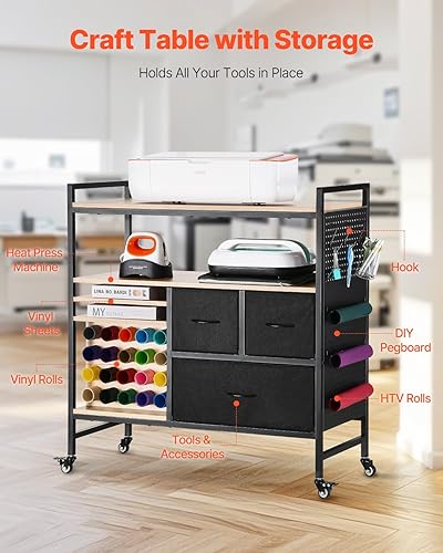 VEVOR Chariot de Rangement, Compatible avec Les Plotters de Découpe, Table de Travail Artisanal avec 20 Porte-Rouleaux de Vinyle et 3 Tiroirs, Poste de Travail avec Roues, pour Salle d’Artisanat - Nail Gallerys