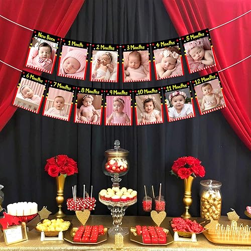 Kreatwow Cartoon Mouse 1st Birthday Party Decoration Red Black Cartoon Mouse 1st Birthday Photo Banner One Year Old Photo Banner Monthly Newborn To 12 Months Black Mouse Party Supplies for Boy Girl - Nail Gallerys