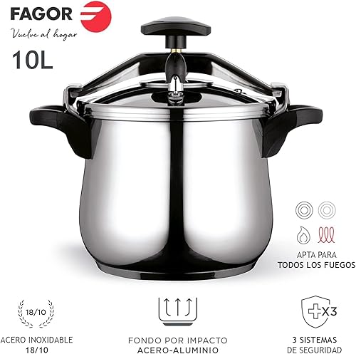Fagor Clasica - Autocuiseur Rapide Traditionnel, Acier Inoxydable 18/10, Compatible Avec Tous Types de Cuisinières, Induction, Poignée Ergonomique, Fond Thermo-Diffuseur (10 LITRES) - Nail Gallerys