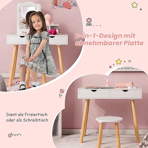 COSTWAY Coiffeuse 2 en 1 pour Enfants - Bureau et Tabouret avec Miroir Amovible, 2 tiroirs, Peigne, Commode en Bois pour Filles âgées de 3 à 7 Ans - Nail Gallerys
