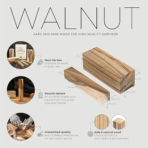 BeaverCraft Bois de Noyer pour Sculpture BW10 pcs Blocs en Bois pour Whittling et Artisanat - Blocs de Sculpture sur Bois pour Projets créatifs - Nail Gallerys