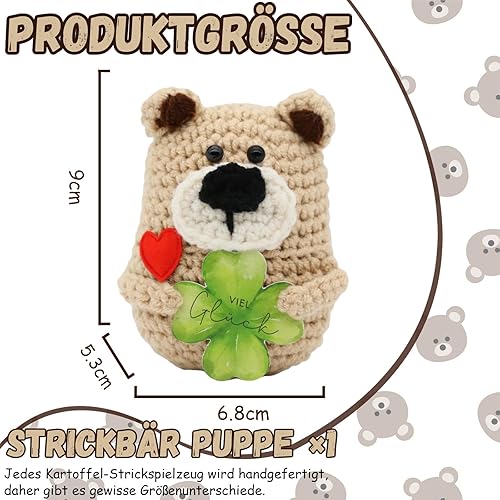 Sugeru Ours porte-bonheur tricoté avec trèfle - Cadeau porte-bonheur et créatif en laine à tricoter - Cadeau de motivation - Bon cadeau de rétablissement - Cadeau d'anniversaire pour la Saint-Valentin - Nail Gallerys