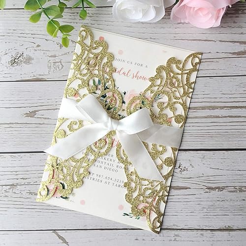 KUCHYNEE 20 pièces cartes d'invitation de mariage découpées au Laser avec rubans et enveloppes pour les invitations de graduation d'anniversaire de douche nuptiale (paillettes d'or) - Nail Gallerys