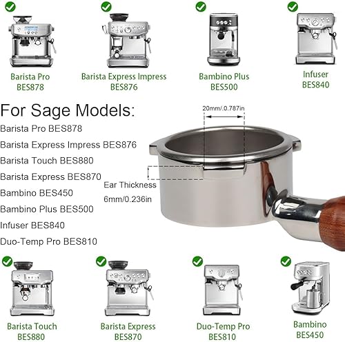 Porte-filtre sans fond 54 mm compatible avec les machines à expresso Sage/Breville Barista série 870/878/880 et 54 mm Sage/Breville avec 1 panier filtrant, poignée en bois - Nail Gallerys