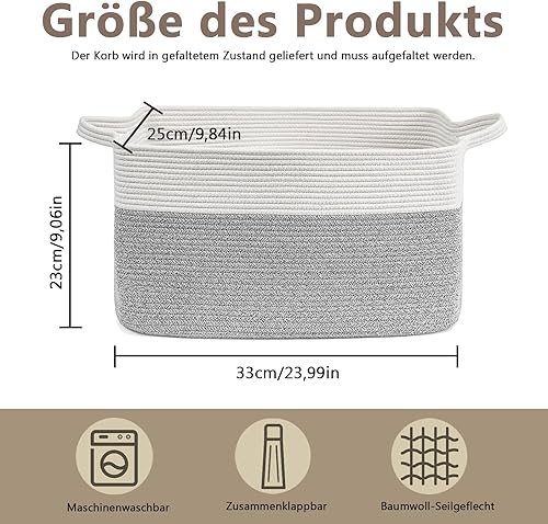 Panier à Linge Tressé en Coton, Marron Panier Rangement Salle de Bain, Panier Rectangulaire en Corde de Coton 33x25x23cm, Décoration Boite de Rangement, Pour Ranger le Linge de Lit, les Couvertures - Nail Gallerys