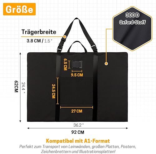 GNEGNI LIFE Porte-documents d'artiste A1 - 61 x 91,4 cm - Avec bandoulière et poignée de transport - Imperméable - Pour œuvres d'art, croquis, dessins, peintures, affiches, photographie, Noir , Sac à - Nail Gallerys