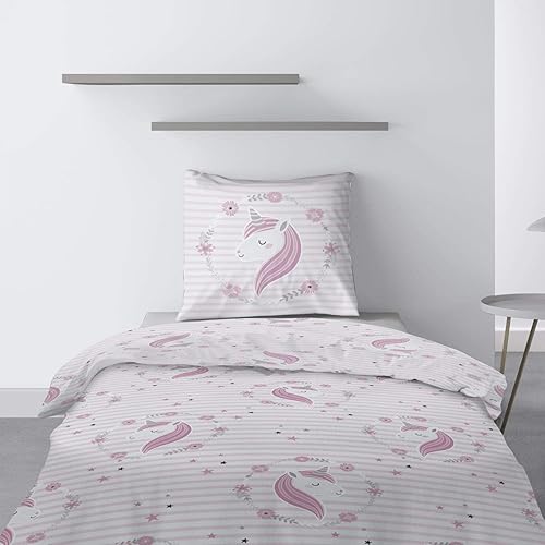 Les Ateliers du Linge - Parure Rina pour lit Enfant – Housse de Couette 140x200 cm et 1 taie d'oreiller 63x63 cm – Motif imprimé Licorne Rose - Nail Gallerys