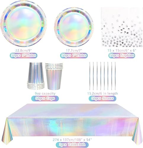 Obussgar Lot de 252 Fournitures de fête irisées – Vaisselle de fête holographique Comprenant des nappes en Aluminium avec pailles irisées pour Anniversaire, des années 70 et 80 – pour 50 Personnes - Nail Gallerys