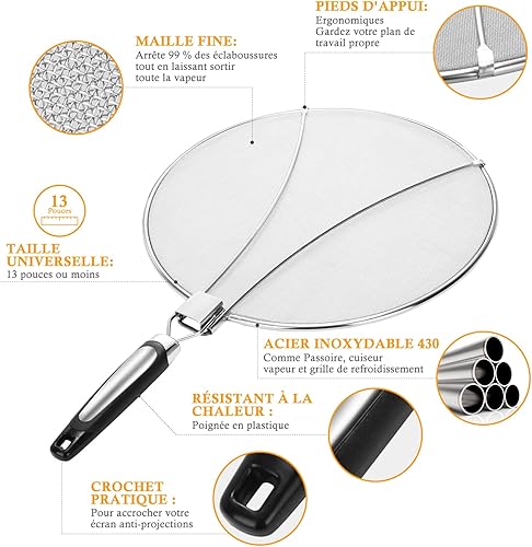 Protecteur d'écran Splatter en Acier Inoxydable Pli en Silicone Acier Mailles Fines,Évite Les éclaboussures,Entretien Pratique Cuisine Friteuse Couvercle Anti-Huile 33 cm de diamètre - Nail Gallerys