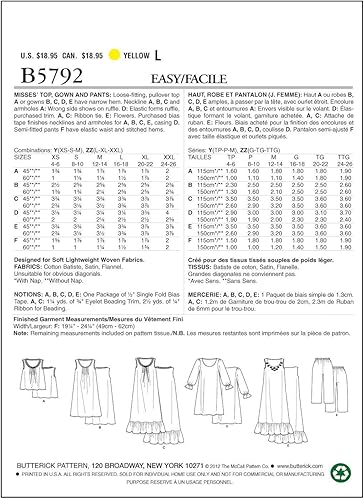 Butterick Patterns B5792 Patrons de Chemises de Nuit, Haut et Bas de Pyjama pour Femme, Y Taille XS à M, Blanc - Nail Gallerys
