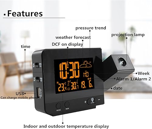 HJRUIUA Réveil Projection Plafond, Reveil Station Meteo Numérique avec Capteur, Prévisions Meteo, Thermomètre, Alarme et Snooze, Fonction d'Etalonnage DCF, 8 Couleurs de Rétroéclairage - Nail Gallerys