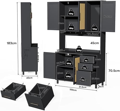 PUGSDRLY Buffet de Cuisine avec Lumières LED,Buffet Haut Cuisine,2 USB et 2 Prises de Courant,Meuble de Rangement avec 5 Portes et 3 Tiroirs pour salles à Manger (Naturel, 100x40x183cm) - Nail Gallerys