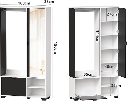 MSFE Meuble d'entrée Vestiaire avec 144 cm Miroir,Ensemble de Garde-Robe Compact avec Tringle à Vêtements,Armoire à Chaussures et Compartiments,Meuble D'entrée avec Rangement,100L x 33L x 190H cm - Nail Gallerys