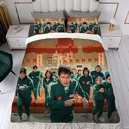 Squid Games 456 Parure de lit pour enfant et adulte en microfibre avec housse de couette de 135 x 200 cm et 2 taies d'oreiller avec fermeture éclair, pour adulte (merch) - Nail Gallerys