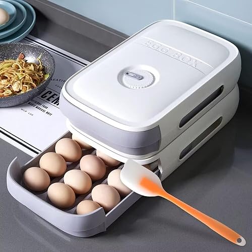 Tiroir à oeufs automatique, boîte à oeufs avec rappel de date, boîte à oeufs de cuisine, 18 oeufs, bac à oeufs en plastique empilable, panier à oeufs pour la fraîcheur du réfrigérateur (blanc) - Nail Gallerys