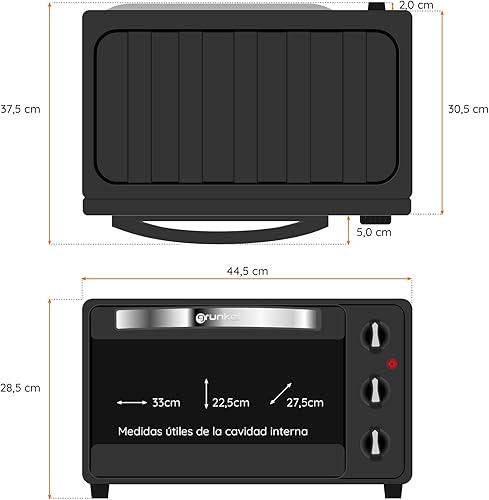 Grunkel - Four électrique multifonction de bureau de 38 l avec 3 fonctions de chaleur et sélecteur de température jusqu'à 230 ºC - HR-38N RM - Minuteur jusqu'à 60 min - 2000 W - Noir - Nail Gallerys