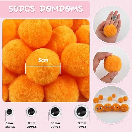 TOAOB 50 pcs Craft Pompoms Loisirs Creatifs Orange 5 cm Gros Pompons Moelleux avec 100 pcs Yeux Mobiles pour Bricolage Fournitures Décorations Couture Guirlandes Franges Projets et Artisanat - Nail Gallerys