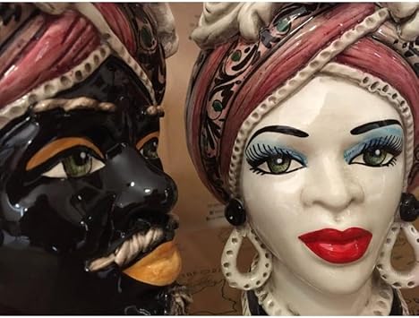 SICILIA BEDDA CAPACI Tête de Maure Maure Caltagirone en céramique - h Environ 28 cm (1pc) avec Option pour Homme ou Femme, Frise et Fond Bordeaux - Homme Sombre - Nail Gallerys