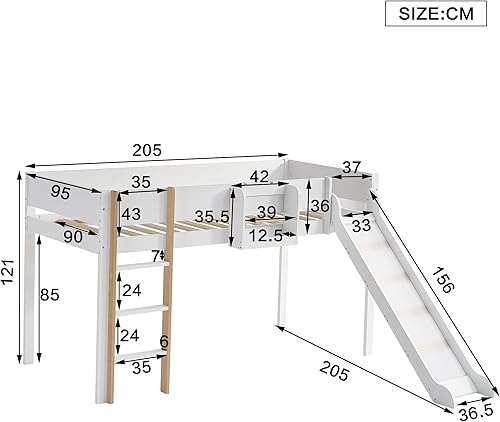 AEMOING 90 x 200 cm, lit mezzanine, superposé, avec échelle droite à trois niveaux, lit pour enfant, adolescent, avec toboggan, étagère amovible, pin + MDF, blanc + naturel - Nail Gallerys