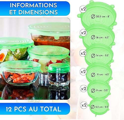 Couvercle silicone alimentaire 12 pieces differentes tailles extensible reutilisable lavable au lave-vaisselle couvercle boite de conserve vert - Nail Gallerys