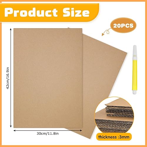 NAROSEBE 20 Pcs Carton Ondulé A3, Plaque Cartons Rigide 297 x 420 mm, Feuille de Carton Ondulé 3 mm d'Épais, Panneau Cartons A3 avec 6 Stylos de Couleur, pour Peinture Modelage Bricolage, Marron - Nail Gallerys