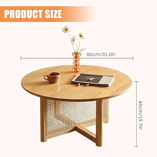 WappiGo Table basse ronde en rotin tressé avec dessus en bois d'hévéa, 80 cm, table basse de rangement circulaire bohème moderne, pour salon, chambre à coucher et petits espaces - Nail Gallerys