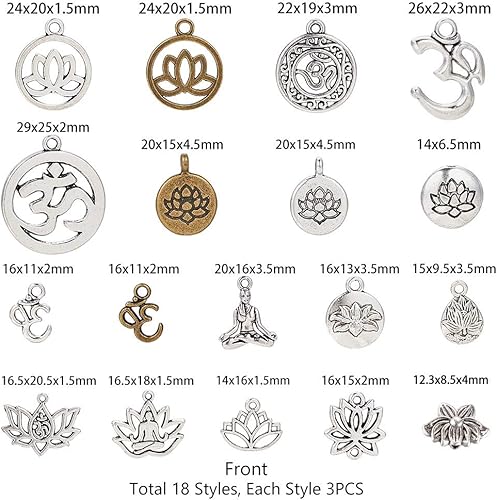SUNNYCLUE 54pcs 18 Style Mixte Lotus Yoga OHM Fleur Charmes Pendentifs Résultats de Bijoux Faire Accessoires Accessoire pour DIY Collier Bracelet Artisanat, Argent Antique & Bronze - Nail Gallerys