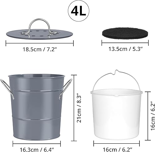 Winter Shore Composteur Cuisine Gris 4 l - Seau Compost Cuisine Anti-Odeurs avec Couvercle - Extérieure en Fer Galvanisé & Poubelle Intérieure en Plastique - Filtre Charbon Extra & Étiquette Inclus - Nail Gallerys