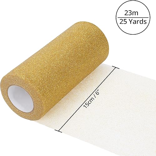 Handi Stitch Lot de 2 Rouleau de Tulle - 15 cm x 23 m - Ruban de Tule Or et Pailleté pour Chemin de Tables, Noeuds de Chaises Mariage/Anniversaire, Jupe de Tutu, Artisanat, Noeud Cadeau - Nail Gallerys