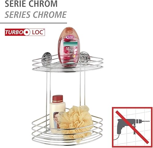 WENKO Turbo-Loc® étagère d'angle à 2 niveaux - fixer sans percer, Acier, 26.5 x 33 x 20 cm, Chromé - Nail Gallerys