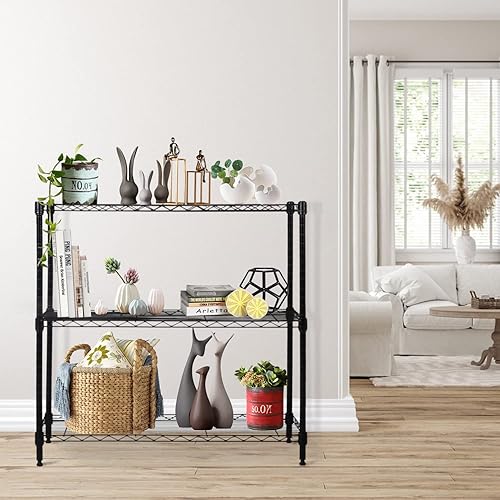 Actask Etagere Rangement à 3 Niveaux, Étagère de Rangement avec Étagères en Fil d'acier Réglables en Hauteur et Pieds de Nivellement pour Cuisine Garage Salon Chambre - Poids Maximal de 204KG, Noir - Nail Gallerys