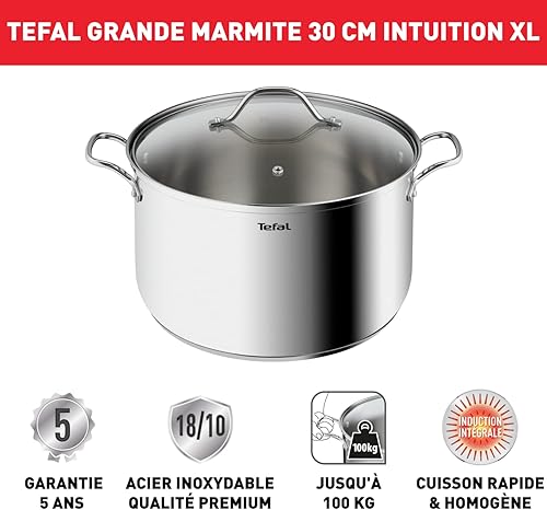 Tefal Intuition XL Grande marmite inox 30 cm / 10 L, Induction, Garantie 5 ans, Acier inoxydable 18/10 première qualité, Taille XL, Poignées robustes, Couvercle verre B8646904 - Nail Gallerys