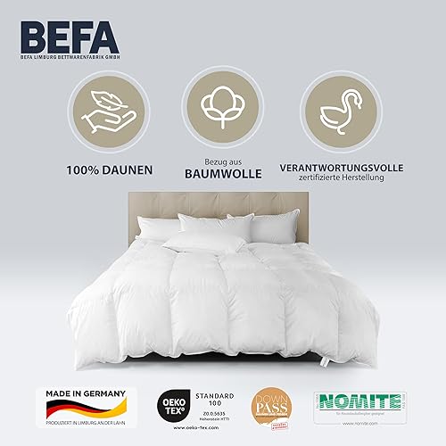 BEFA NATUR Couette en duvet pur pour toute l'année - 240 x 220 cm - 100 % duvet - Respirant et facile d'entretien - Convient aux personnes allergiques (NOMITE) - Bien-être animal (DOWNPASS) - Certifié - Nail Gallerys