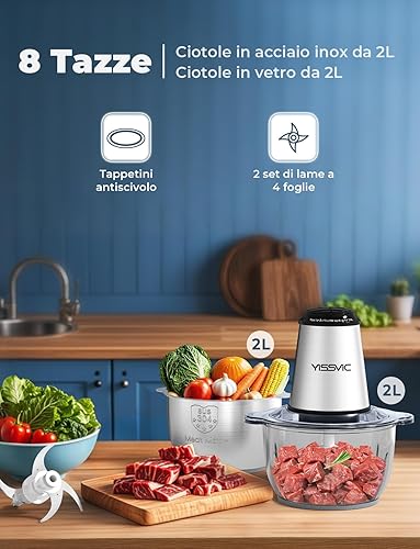 YISSVIC Hachoir de cuisine électrique 2 L, double bol (verre et acier inoxydable), 500 W hachoir électrique mixeur multifonction avec 2 x 4 lames, pour fruits, légumes, viande, épices, 2 vitesses - Nail Gallerys