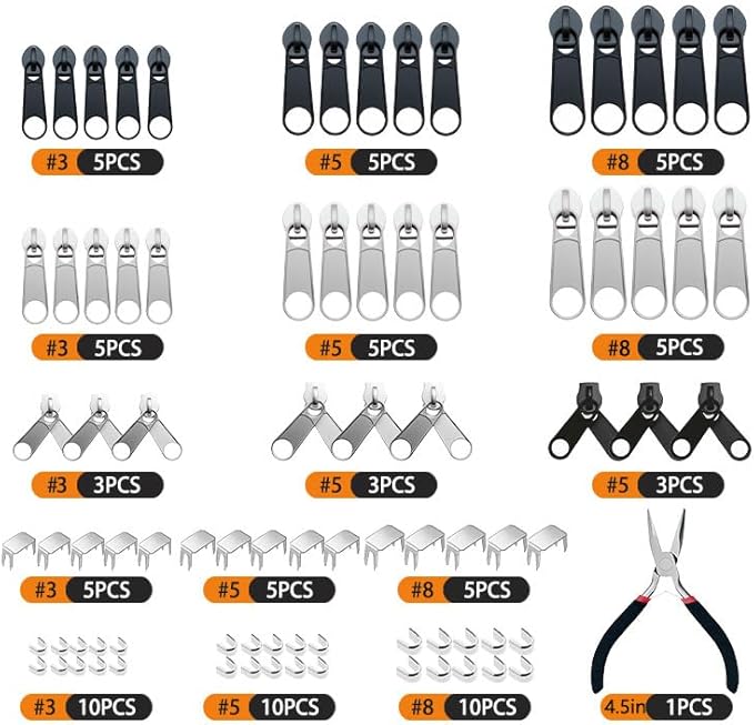 Strehknewen Kit 85 pcs Réparation Fermeture Éclair – Curseurs Nylon #3/#5/#8 Noir & Blanc + Cale Rouleau/Stop, Pince Bec Fin – Pour Vestes, Sacs, Tentes - Nail Gallerys