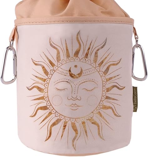 Sac à pinces à linge portable en coton avec 2 mousquetons robustes, cordon de serrage et bloqueur en métal pour suspendre et ranger des pinces à linge - Motif soleil - Nail Gallerys