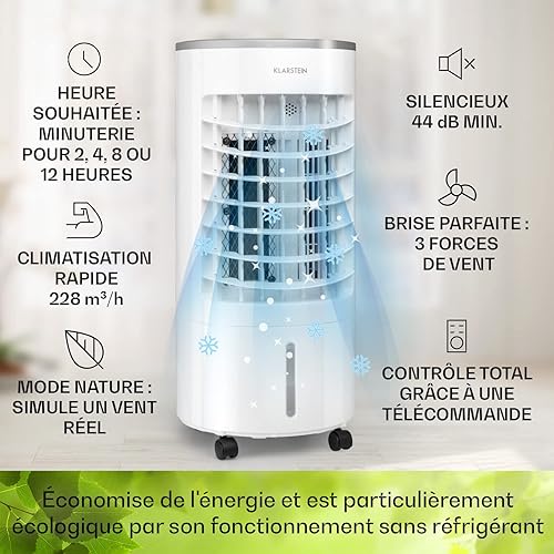 Klarstein Climatiseur Mobile 3 en 1, Climatiseur Portable avec Humidificateur, Ventilateur, Climatiseur Mobile Sans Évacuation, 2 Pack Glacons, Minuterie 2H, 3 Modes, 65W, Puissant Débit d'Air 228m³/h - Nail Gallerys