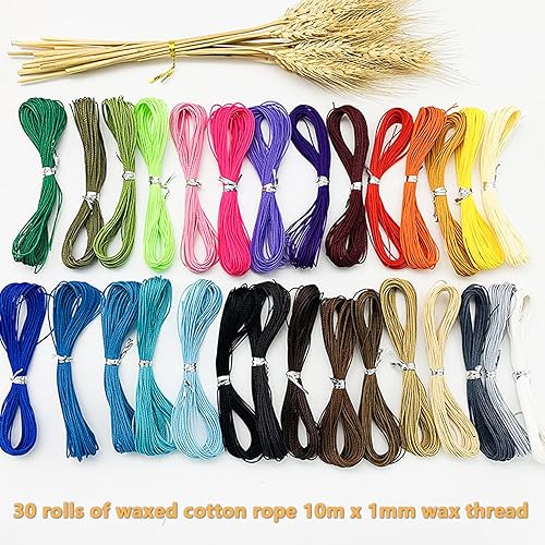 Rayong Lot de 30 cordons en coton ciré de 1 mm pour macramé - Cordon en coton ciré - Cordon ciré - Pour bracelets DIY - Pour la fabrication de bijoux - 10 m/rouleau - Nail Gallerys