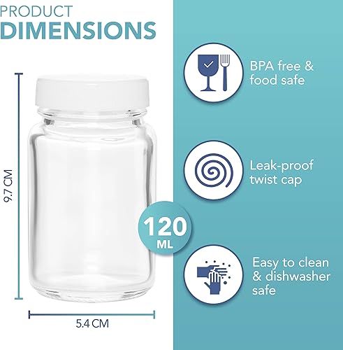 HEFTMAN Lot de 12 bouteilles à shot en verre avec couvercles - 120 ml - Avec brosse de nettoyage et étiquettes - Réutilisables - Vides et transparentes - Pour jus de fruits, huiles, sauces, - Nail Gallerys