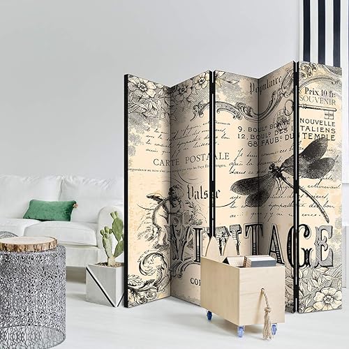 decomonkey - Paravent décoratif intérieur Vintage 225x172 cm - Cloison de séparation - Paravent en Bois - Vert Beige - Anges Fleurs Inscriptions Ornements en français rétro Vintage Animaux - Nail Gallerys