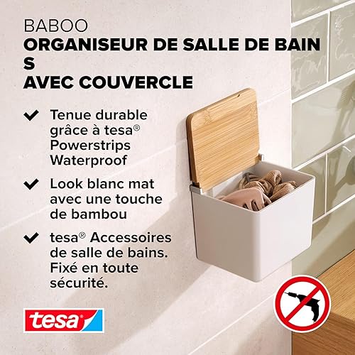 Tesa Baboo (S) - Boîte pour salle de bains avec couvercle bambou - Fixation au mur, sans perçage - Blanc, 122 mm x 110 mm x 102 mm Powerstrips Waterproof Strips XL - Nail Gallerys