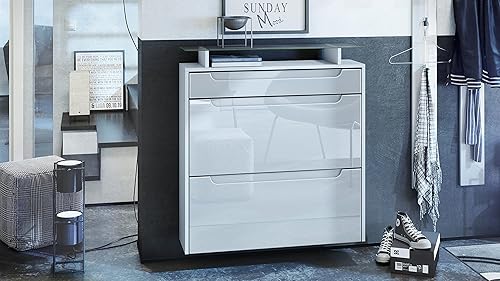 Vladon Meuble Chaussures Annie pour 16 Paires de Chaussures avec 2 clapets et 1 Tablette en Verre, Blanc Mat/Blanc Haute Brillance, poignées encastrées en Blanc Haute Brillance (89 x 96 x 23 cm) - Nail Gallerys