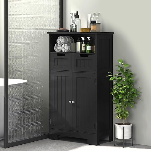 kleankin Meuble de Salle de Bain, Meuble de Rangement avec 2 tiroirs, Niche, Placard avec Porte, étagère réglable, Armoire de Salle de Bain, Cuisine, Salon, 60 x 30 x 109 cm, Gris - Nail Gallerys